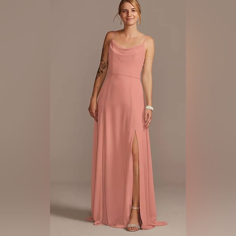 David’s Bridal Desert Coral New With Tags Cowl Neck Chiffon Dress with Slit
